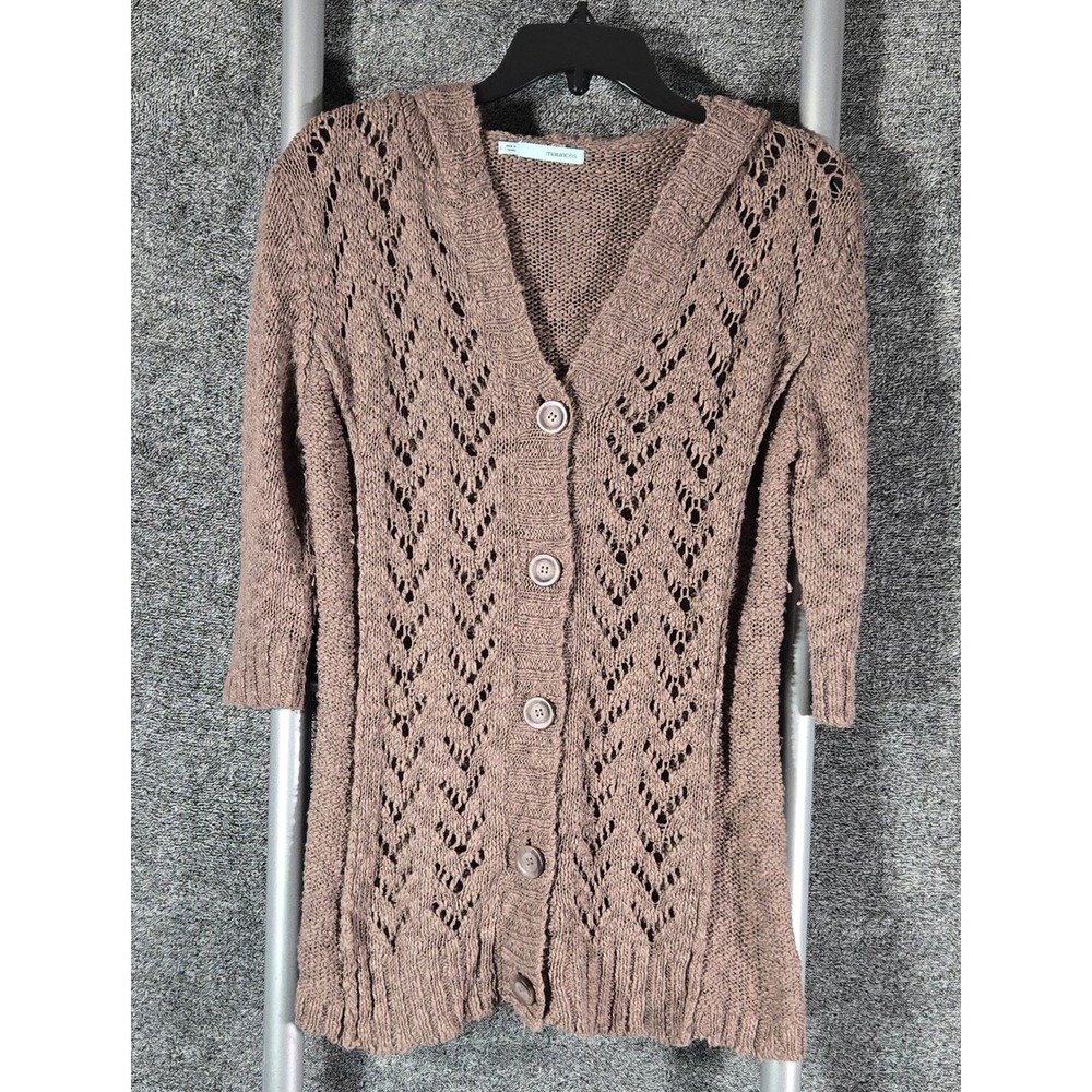 Maurices Womens Mauve Brown Pointelle Hooded Cardigan Sweater Sz L Elbow Sleeves